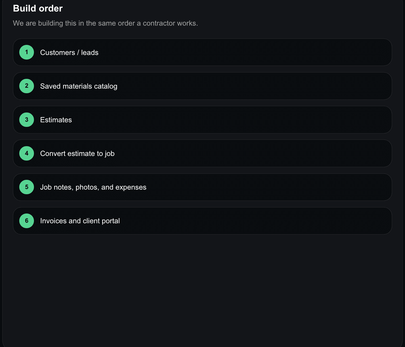 Townside Contractor workflow showing customers, catalog, estimates, jobs, expenses, invoices, and client portal