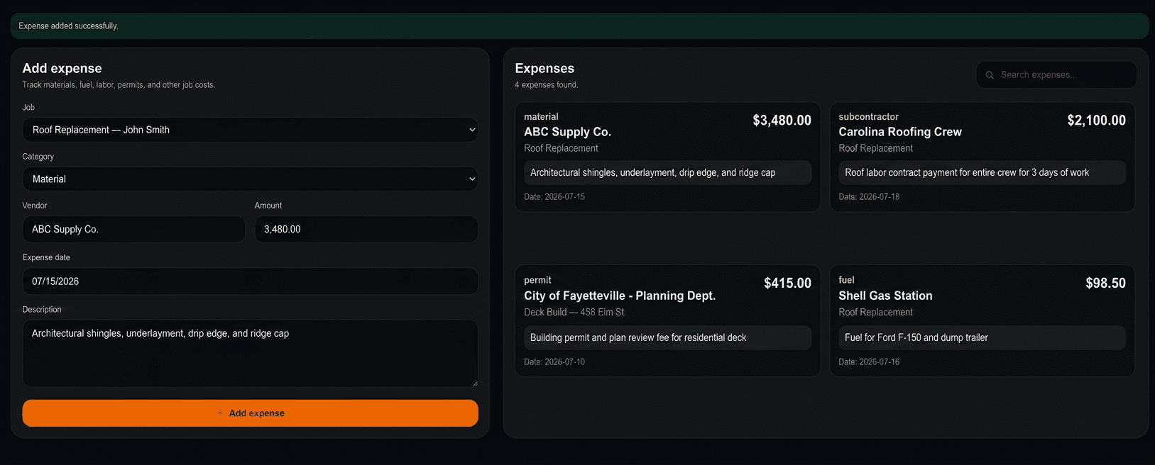 Townside Contractor expense tracking form and job expense records